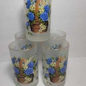 BRILIANT Frosted Juice Glass Tumblers Basket of Blue Roses Set 5